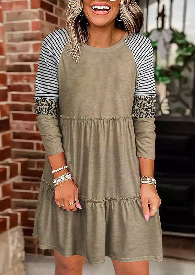 

Mini Dresses Striped Leopard Ruffled Long Sleeve Mini Dress in Black. Size