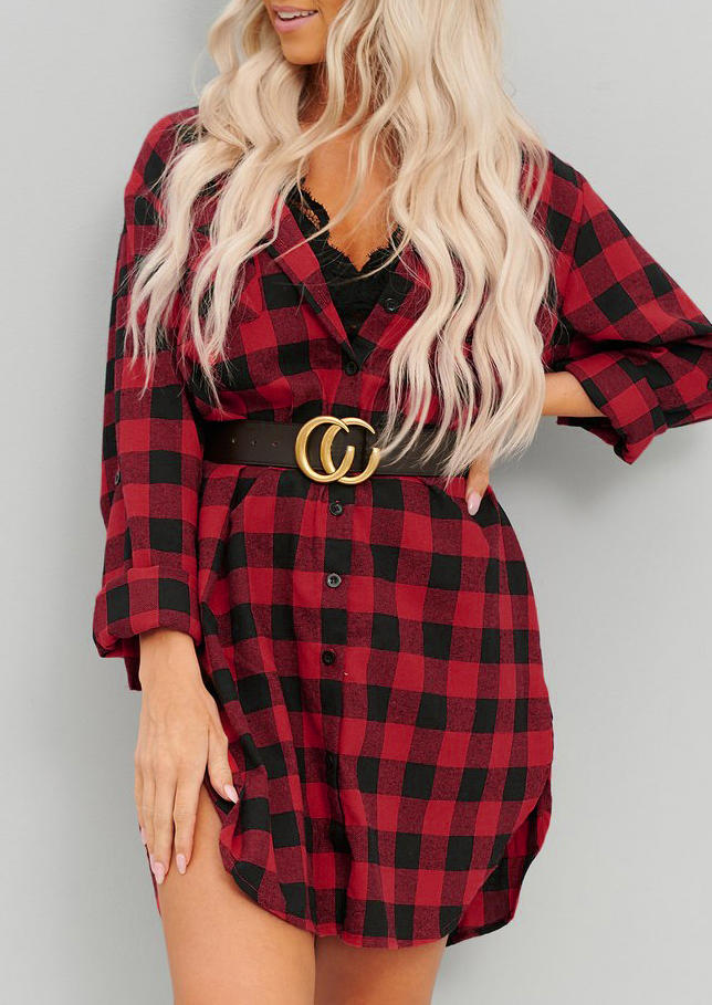 Plaid Button Long Sleeve Mini Dress - Red