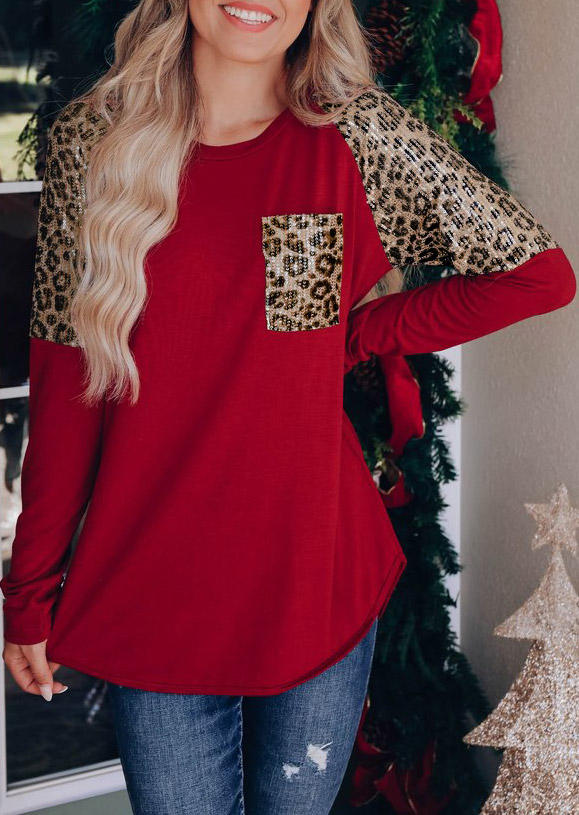 Leopard Sequined Splicing Pocket Blouse - Red