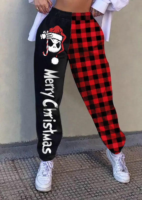 Merry Christmas Skull Plaid Color Block Sweatpants - Black