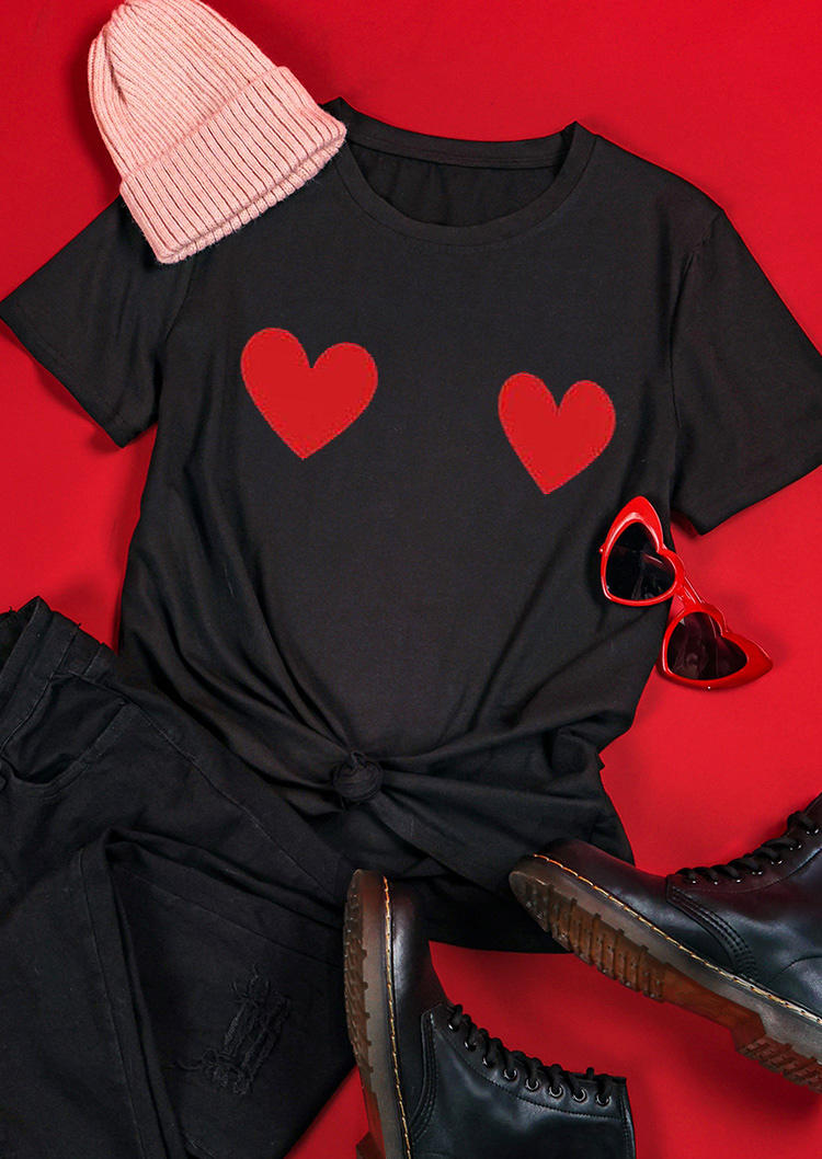 Heart O-Neck T-Shirt Tee - Black