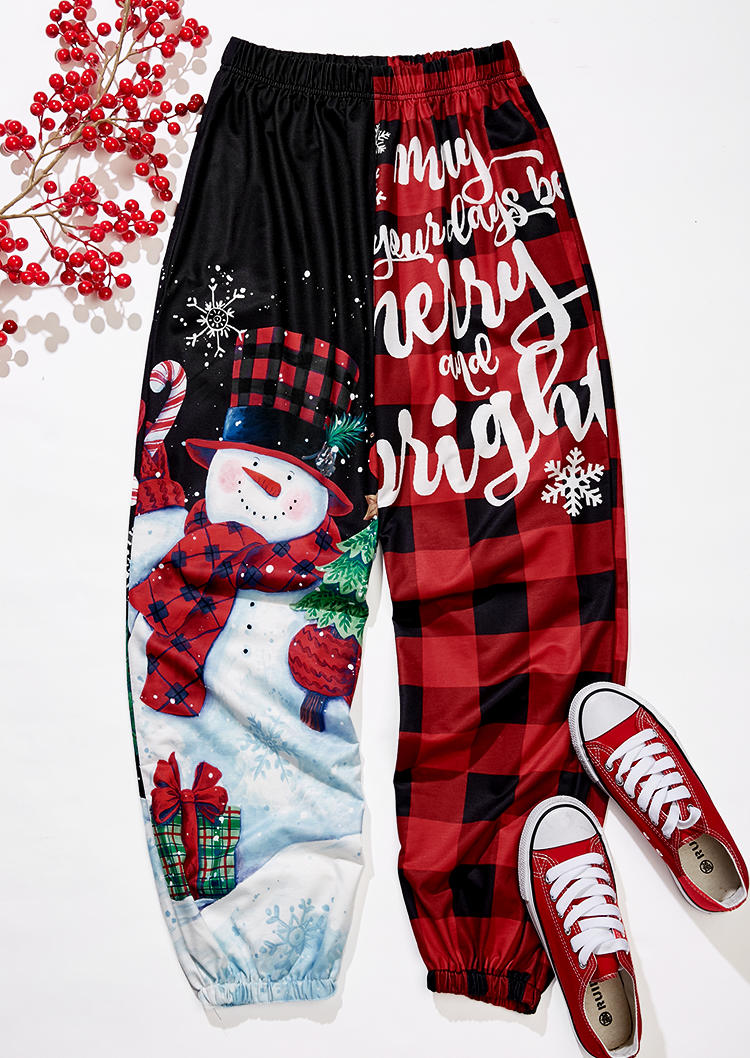 Pants Buffalo Plaid Snowflake Snowman Sweatpants in Red. Size: L,M,XL