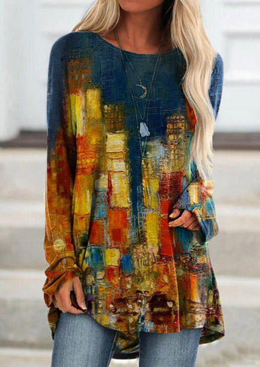

Blouses Painting Long Sleeve O-Neck Blouse in Multicolor. Size: ,M,L,XL