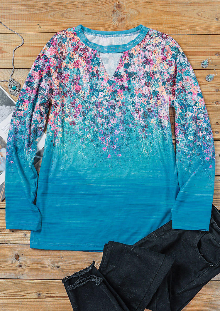 

Blouses Floral Rhinestone Cut Out Blouse in Blue. Size