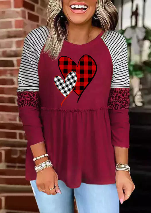 Blouses Heart Plaid Striped Leopard Blouse - Burgundy in Red. Size: M,S