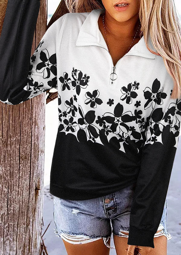 

Sweatshirts Floral Zipper Collar Long Sleeve Sweatshirt in Black. Size: ,M,L,XL