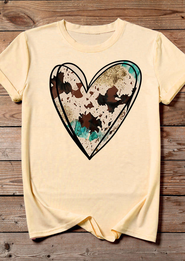Heart Cow O-Neck T-Shirt Tee - Apricot
