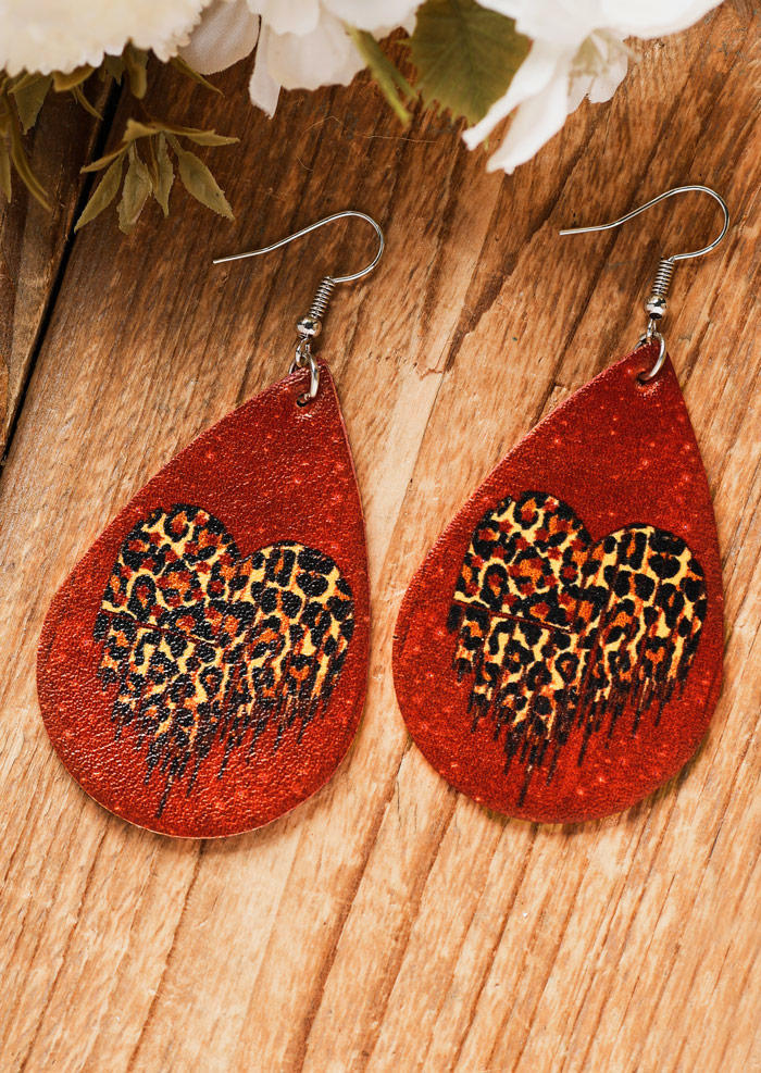 Earrings Leopard Heart Water Drop Earrings in Red. Size: One Size