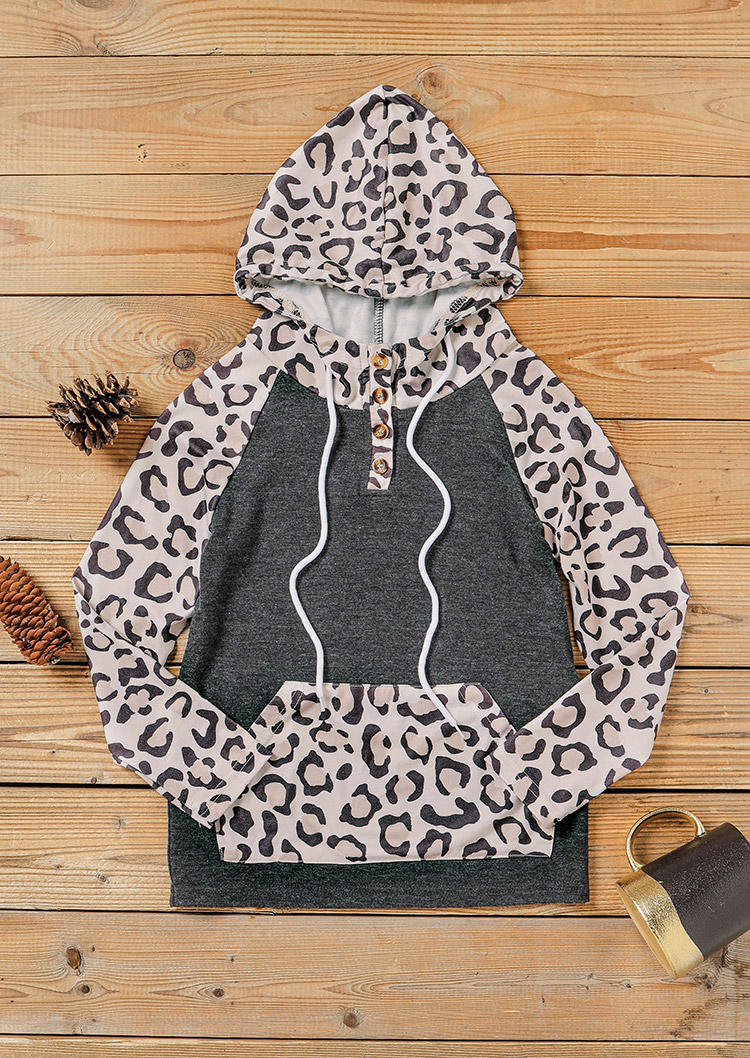 

Matching Outfits Leopard Splicing Pocket Long Sleeve Hoodie in Women. Size: ,M,L,XL