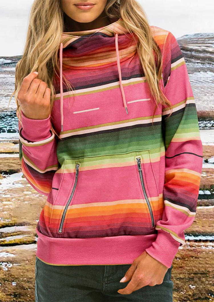 

Hoodies Colorful Striped Pocket Long Sleeve Hoodie in Multicolor. Size: ,M,L,XL