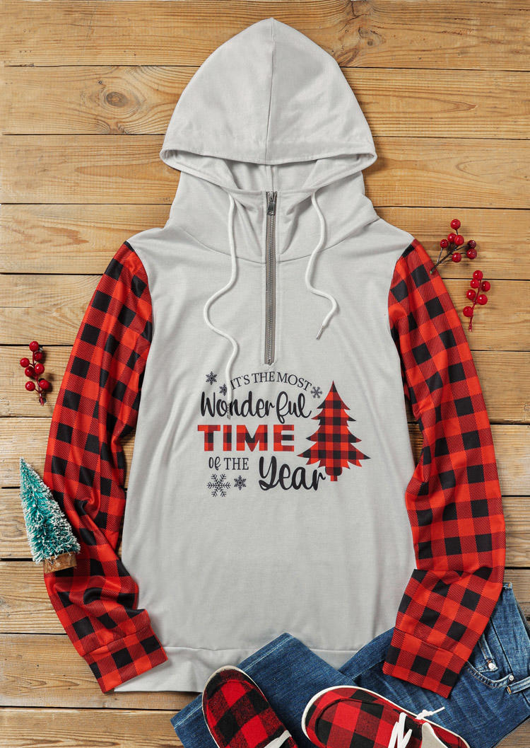 Hoodies Wonderful Time Of The Year Plaid Hoodie - Light Grey in Gray. Size: M,S