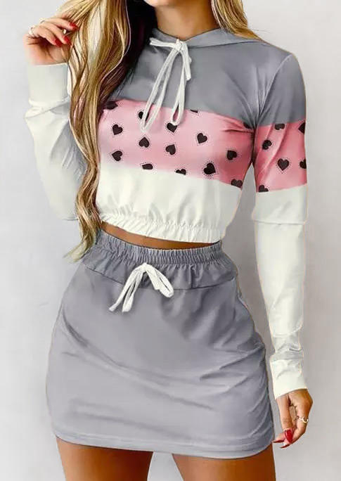 

Color Block Love Heart Blouse And Elastic Waist Mini Skirt Outfit - Gray, 524637