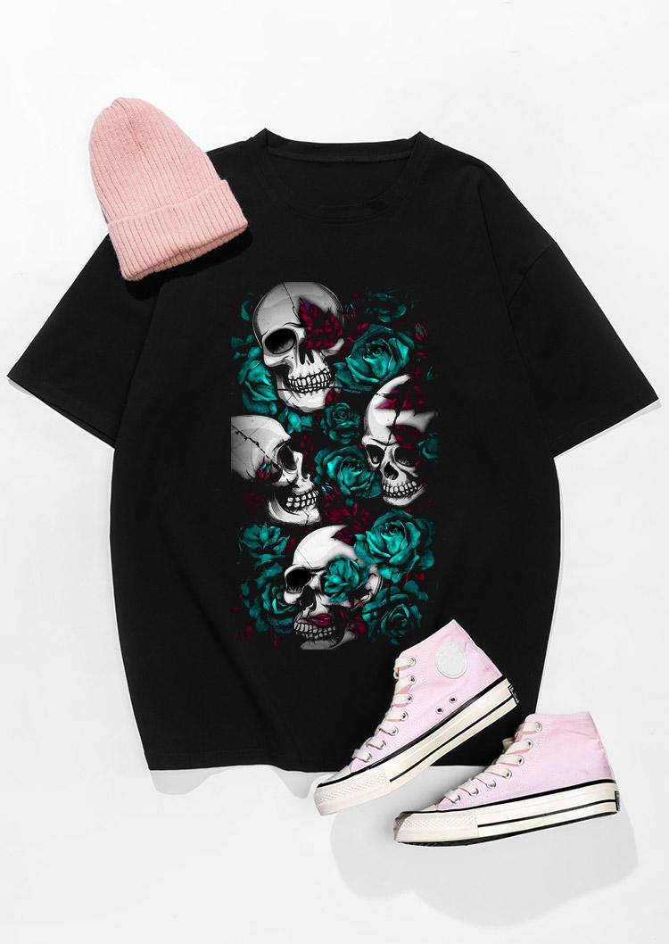 

T-shirts Tees Rose Skull O-Neck T-Shirt Tee in Black. Size: ,M,L,XL