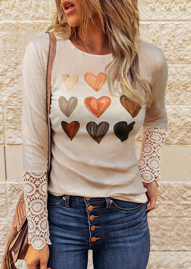 Blouses Lace Splicing Love Heart Blouse in Apricot. Size: S