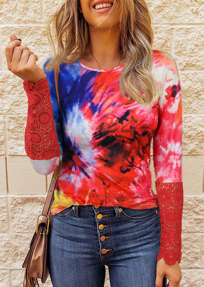 Tie Dye Lace Long Sleeve Blouse