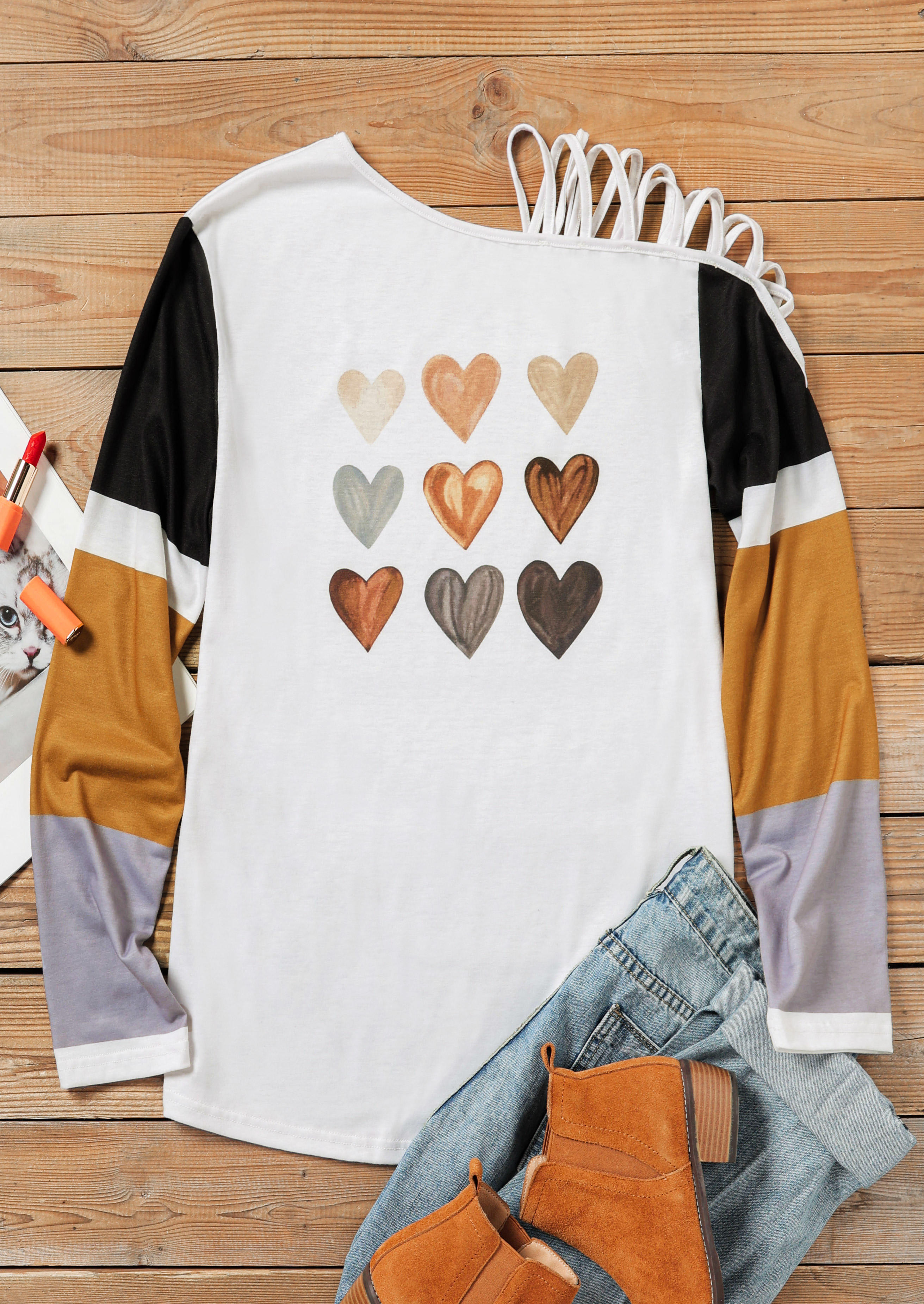 Valentine Heart One Sided Cold Shoulder Blouse - White