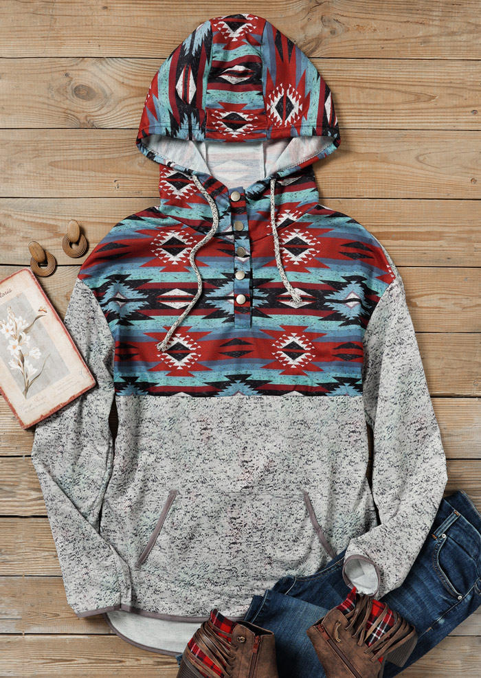 

Hoodies Aztec Geometric Button Pocket Hoodie in Light Grey. Size: ,L