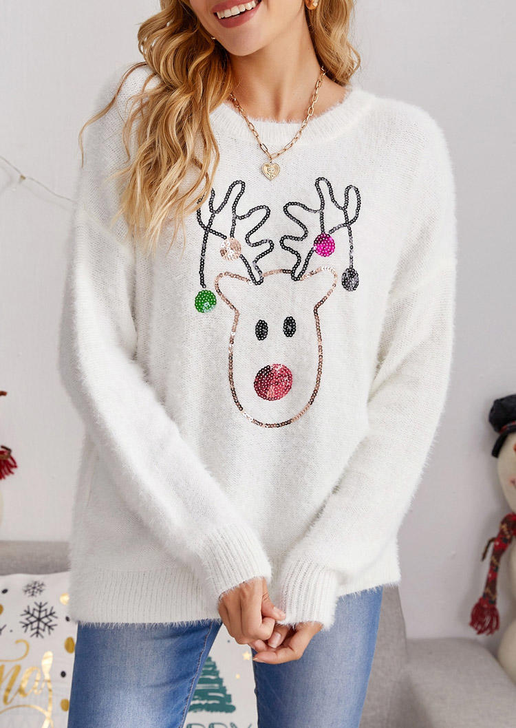 

Blouses Christmas Fuzzy Reindeer Sequined Blouse in White. Size: ,M,L,XL