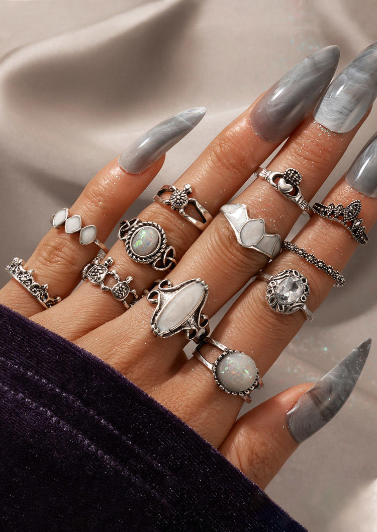 

Rings 12Pcs Crown Rhinestone Bohemian Ring Set in Silver. Size