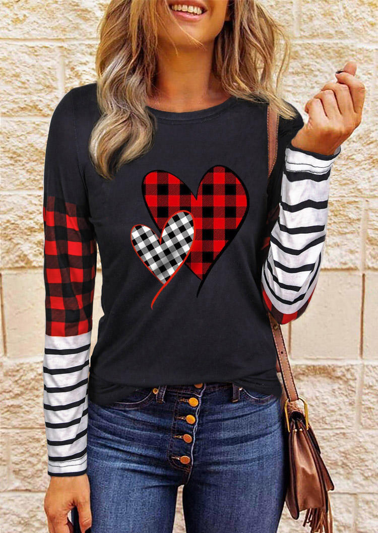 T-shirts Tees Plaid Love Heart Striped T-Shirt Tee in Black. Size: L,XL
