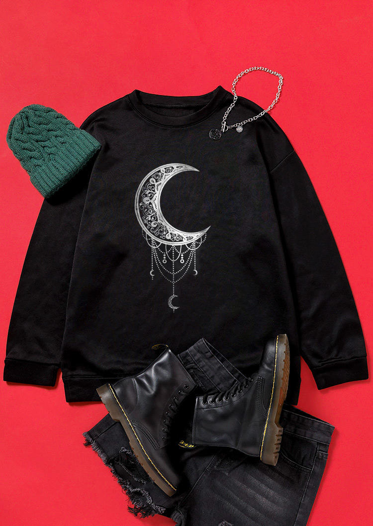 Moon O-Neck Long Sleeve Sweatshirt - Black