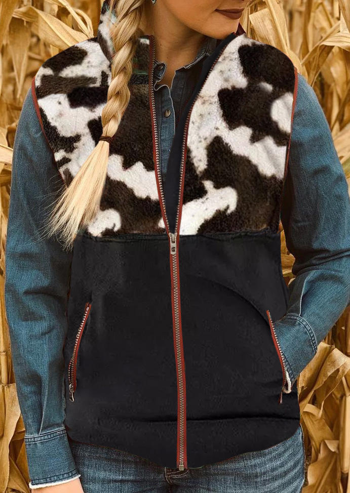

Coats Cow Zipper Sleeveless Vest Coat in Black. Size