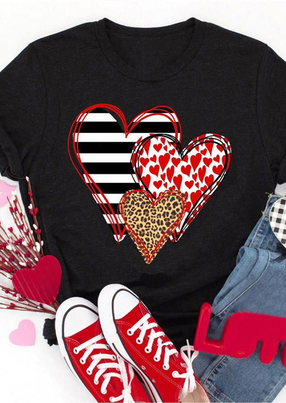 T-shirts Tees Heart Love Striped Leopard T-Shirt Tee in Black. Size: L,M,S,XL