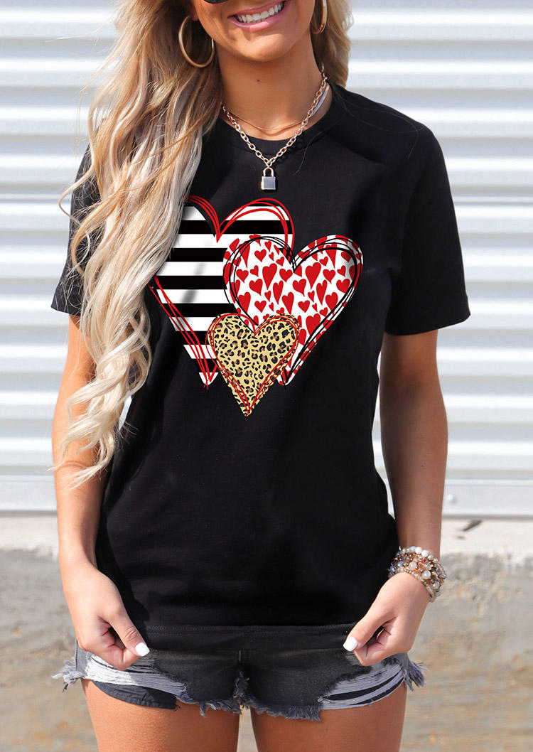 Heart Love Striped Leopard T-Shirt Tee - Black