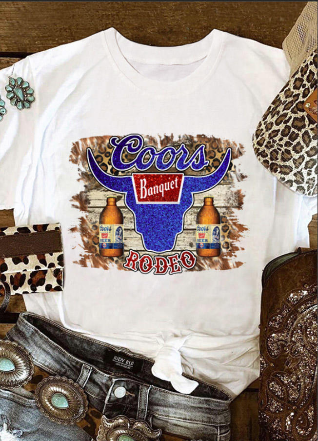 T-shirts Tees Coors Banquet Rodeo Steer Skull Leopard T-Shirt Tee in White. Size: L,XL