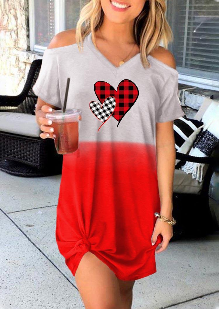 Heart Gradient Plaid Cold Shoulder Mini Dress - Red