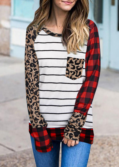 Leopard Plaid Striped Splicing Pocket Blouse