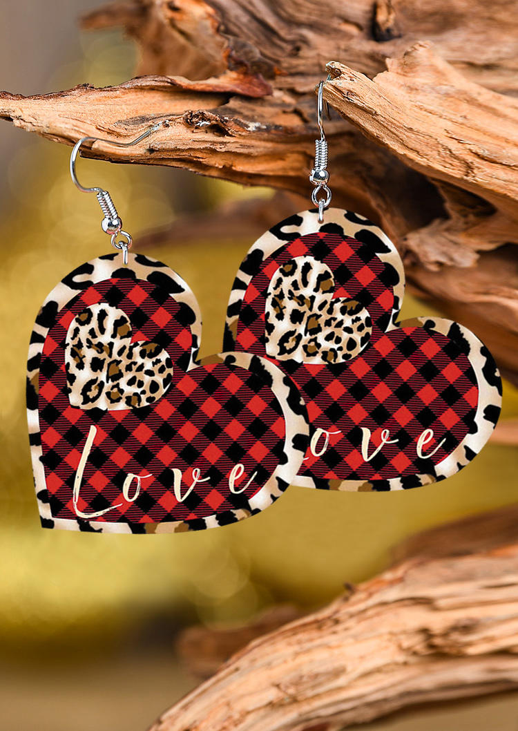 

Earrings Plaid Leopard Heart Earrings in Red. Size