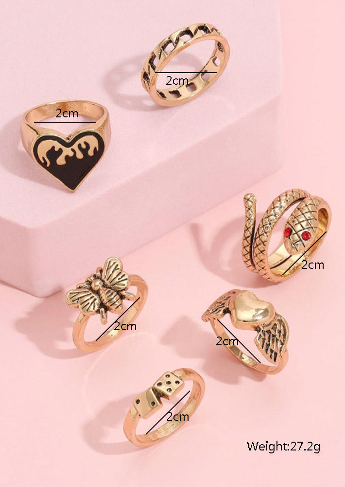 

Rings 6Pcs Butterfly Snake love Heart Hollow Out Ring Set in Gold,Silver. Size