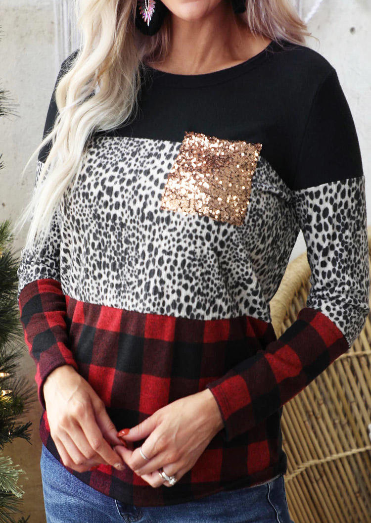 Sequined Pocket Plaid Cow Long Sleeve Blouse - Black