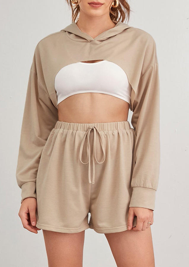 

Two-Piece Sets Hooded Crop Top and Shorts Two-Piece Set without Camisole in Khaki. Size: ,M,L,XL