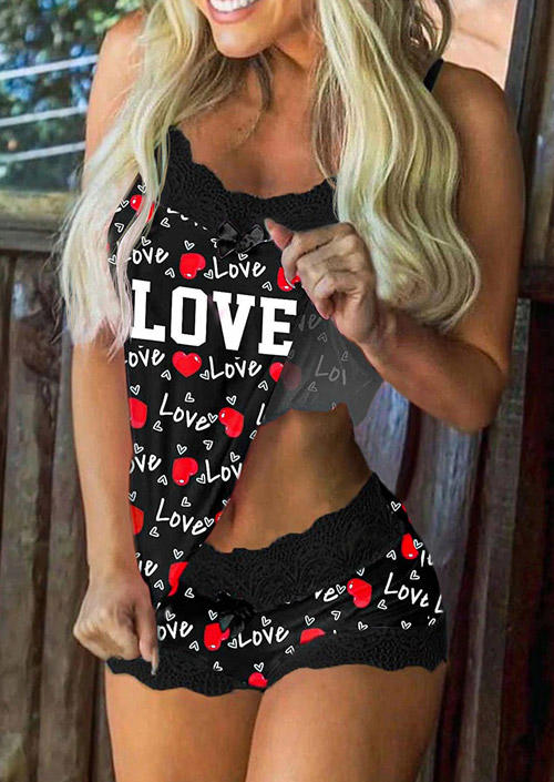 

Sleepwear Lace Love Camisole And Shorts Pajamas Set in Black. Size: ,M,L,XL