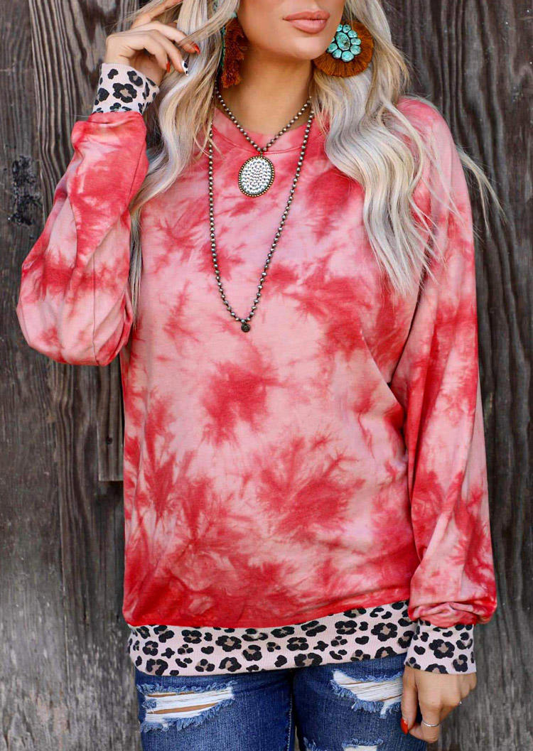 Leopard Tie Dye Long Sleeve Blouse - Red