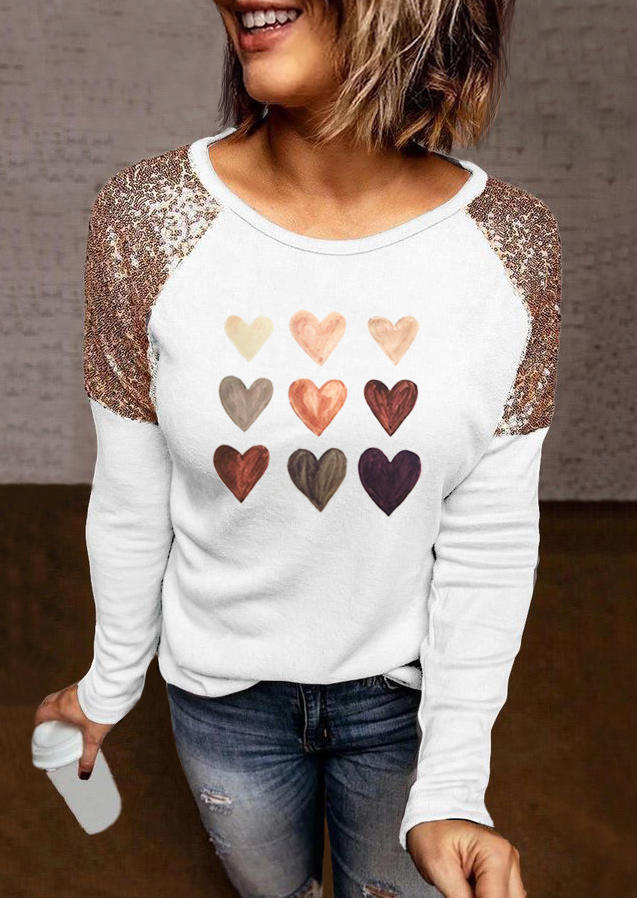 T-shirts Tees Heart Sequined Long Sleeve T-Shirt Tee in White. Size: L,M,S,XL