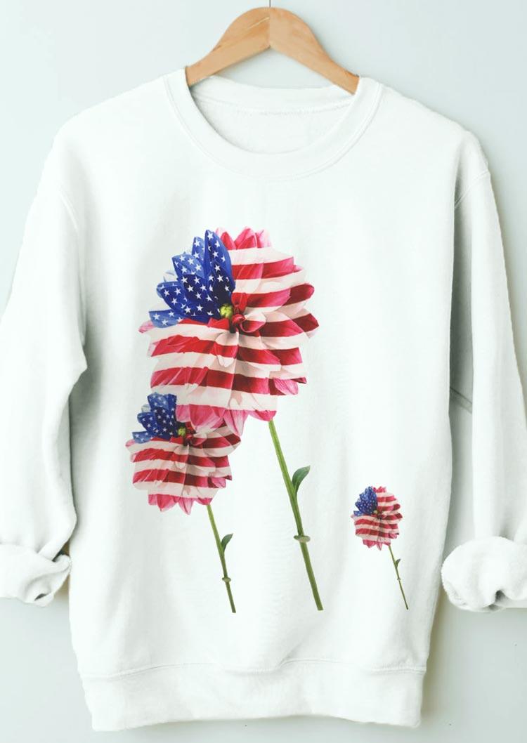 Sweatshirts Floral Flag Long Sleeve O-Neck Sweatshirt in White. Size: L,M,S,XL