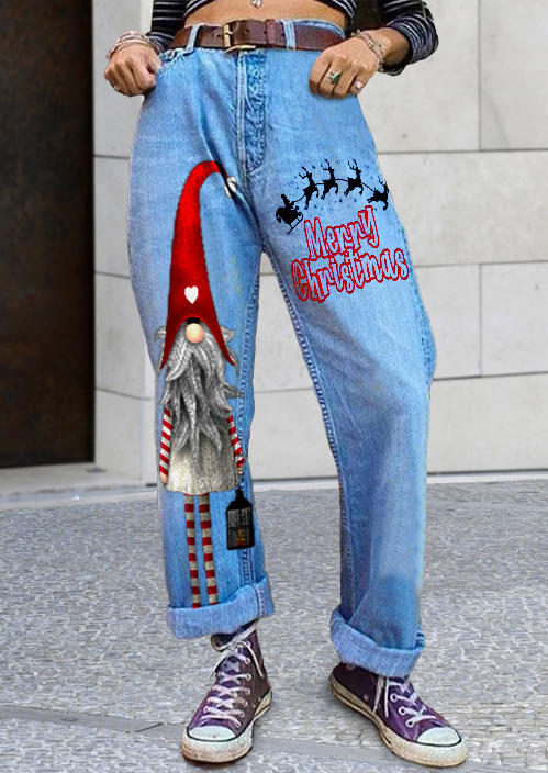 

Pants Merry Christmas Reindeer Gnome Denim Jeans in Light Blue. Size: ,M,L,XL