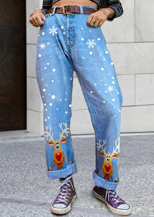 

Pants Christmas Snowflake Reindeer Jeans Pants in Light Blue. Size: ,M,L,XL
