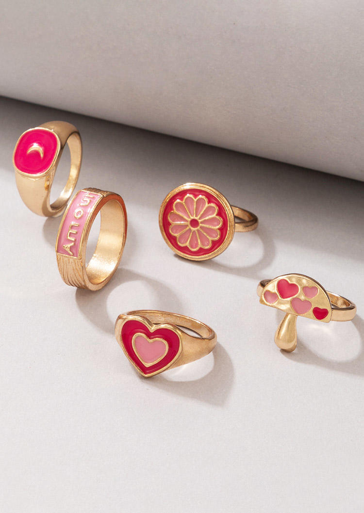 

Rings 5Pcs Floral Mushroom Heart Moon Ring Set in Pink. Size