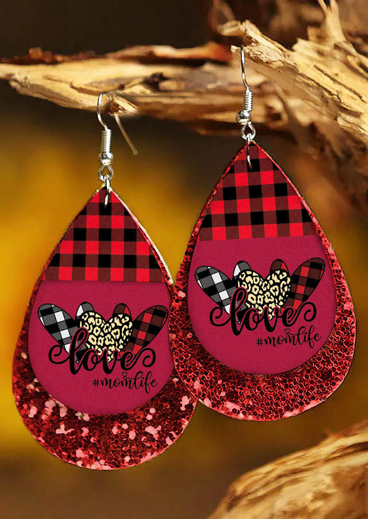 Earrings Love Mom Life Plaid Leopard Sequined Earrings in Black,Rose Red. Size: One Size