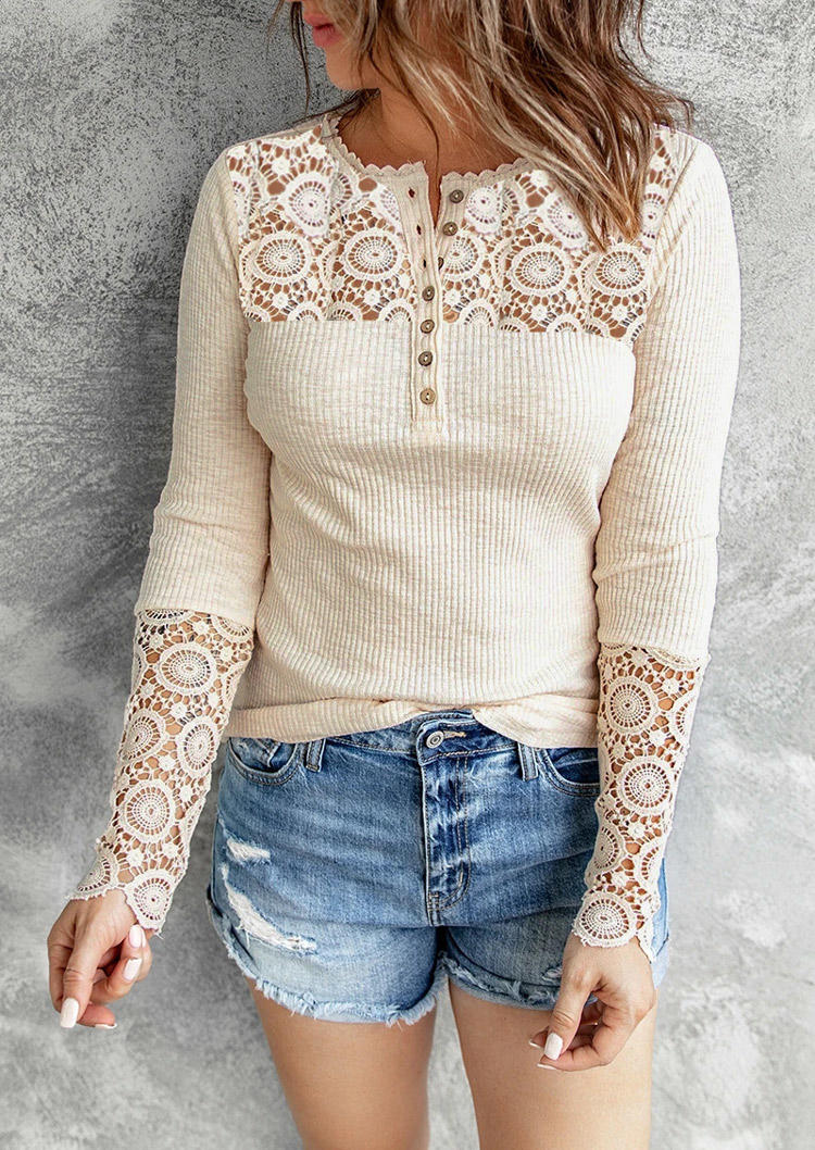 

Blouses Lace Splicing Button Long Sleeve Blouse in Apricot. Size