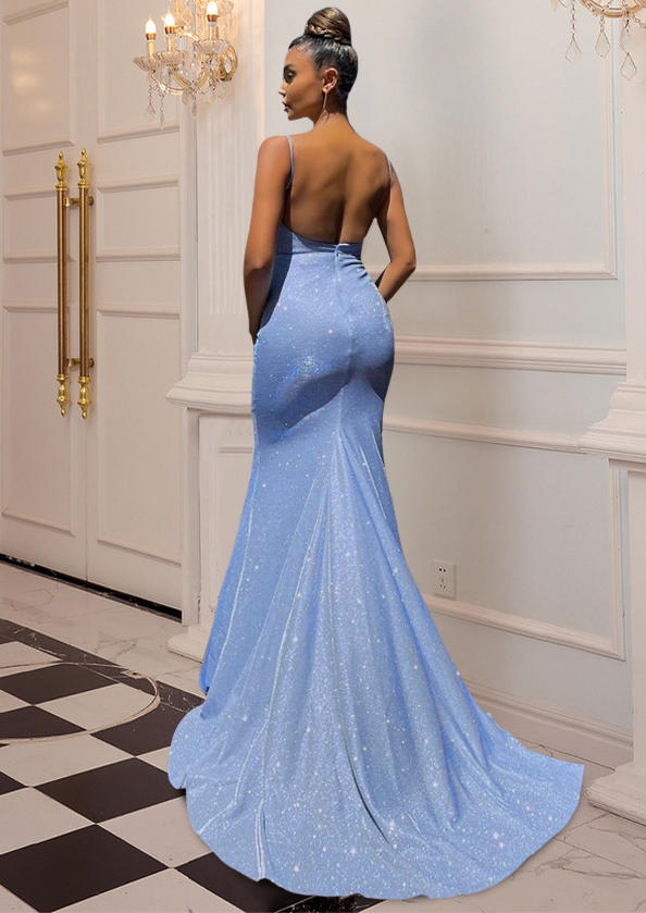 Prom Dresses Ruched Open Back Mermaid Hem Prom Dress in Blue. Size: S,M,L,XL