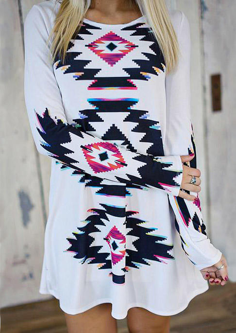 

Mini Dresses Aztec Geometric Long Sleeve Mini Dress in White. Size: ,M,L,XL