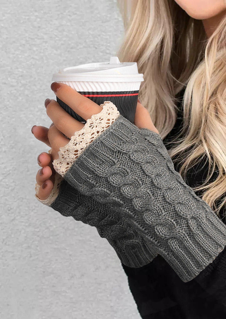Gloves Lace Splicing Warm Fingerless Gloves in Khaki. Size: One Size