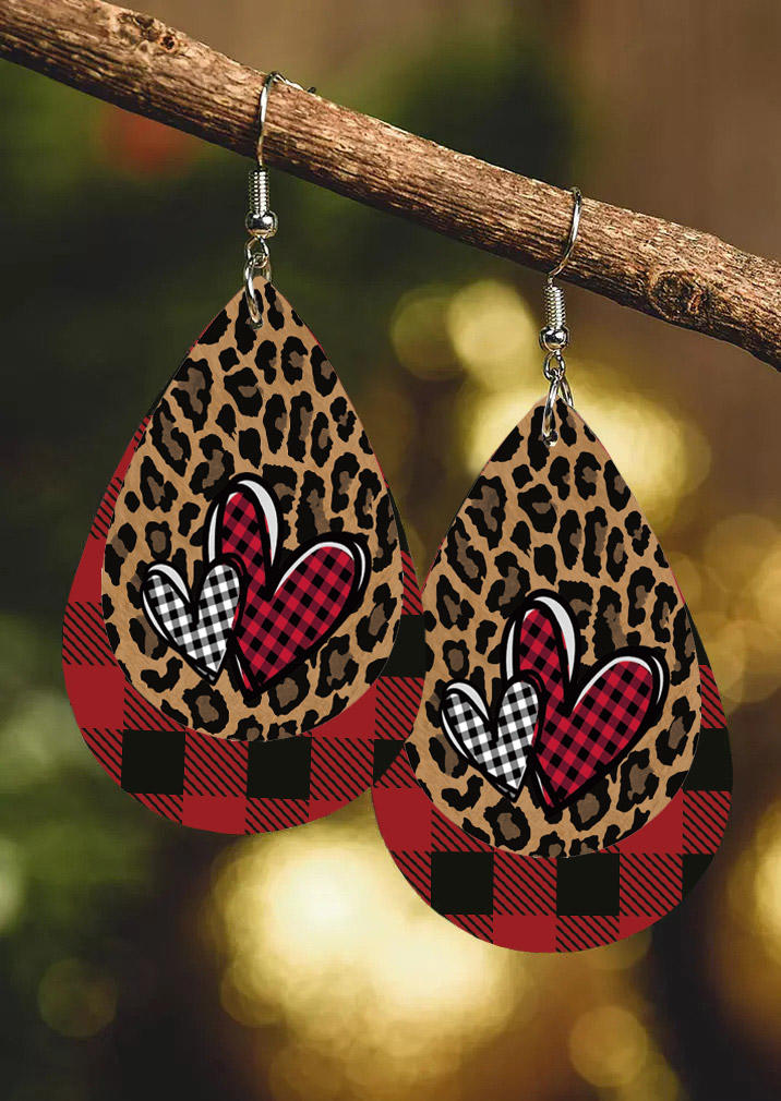 Earrings Valentine Leopard Plaid Heart Double-Layered Earrings in Multicolor. Size: One Size