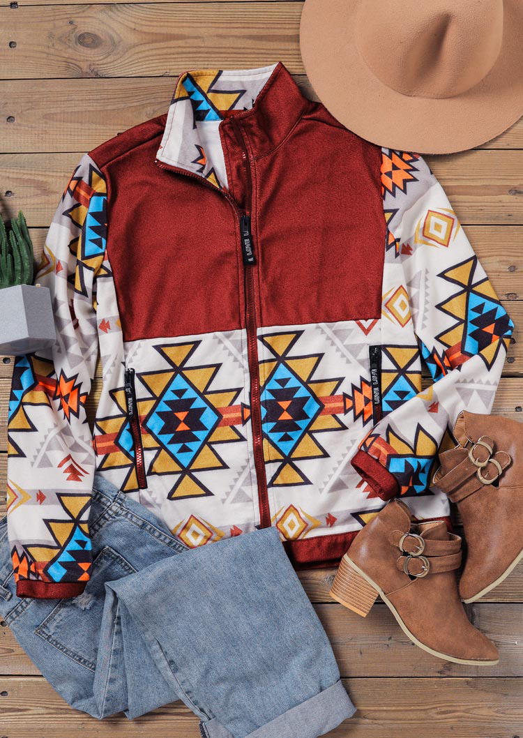 Coats Aztec Geometric Pocket Zipper Coat in Multicolor. Size: M,L
