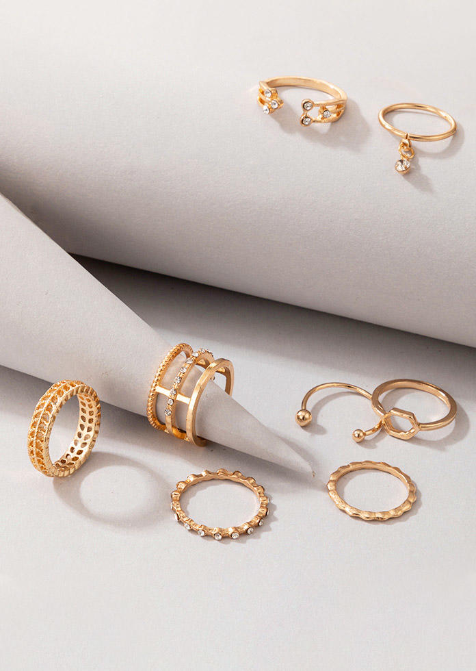 

Rings 8Pcs Geometric Rhinestone Open Adjustable Ring Set in Gold,Silver. Size
